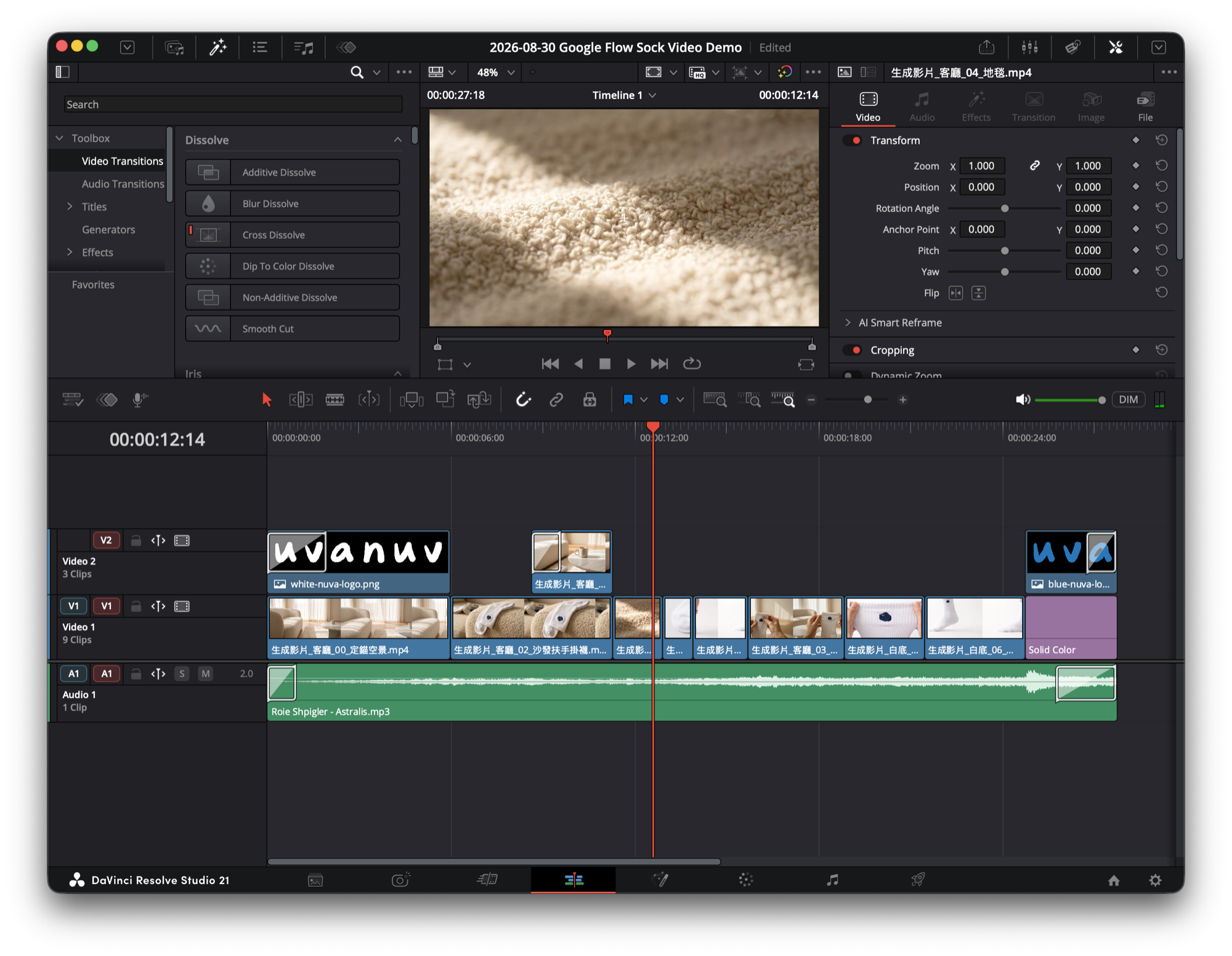 DaVinci Resolve 剪輯畫面：左側轉場素材庫、中央預覽、下方三軌時間軸含影片與配樂