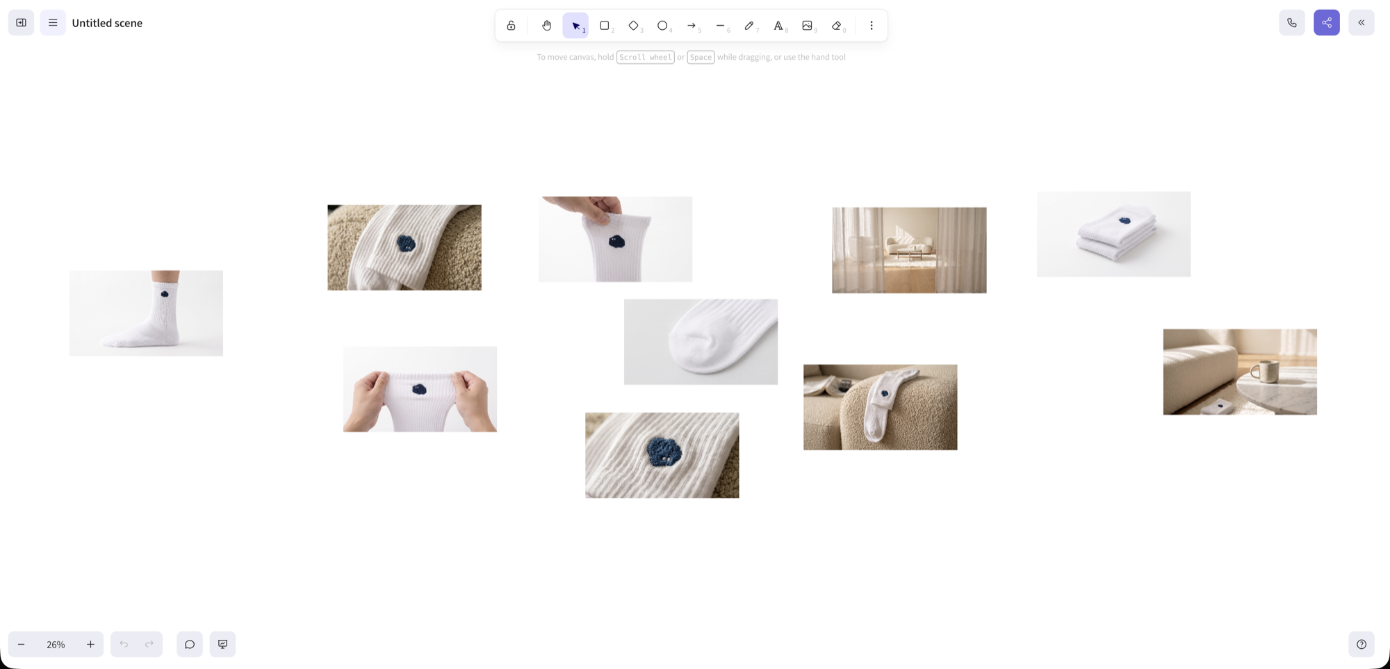 Excalidraw 畫板上排開白底商品圖、情境圖與場景照，用來挑選 First Frame